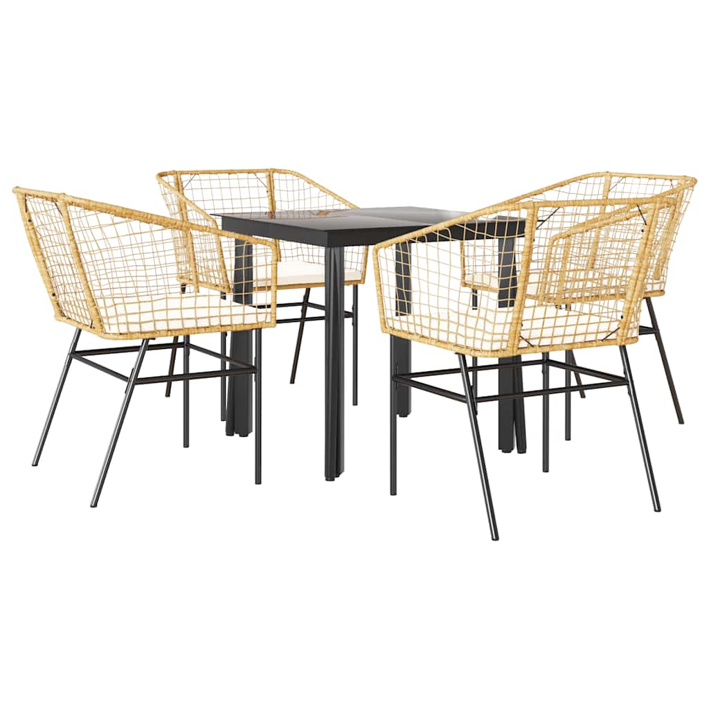 5 Piece Outdoor Dining Set with Cushions Brown Poly Rattan & Glass
