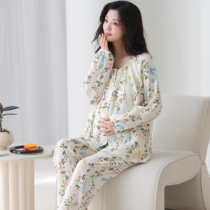 

Пижама для беременных из чистого хлопка класса А с антибактериальным эффектом и вкладышами для груди - Женская с длинным рукавом большого размера послеродовая одежда для кормления (Осень/Весна) XL