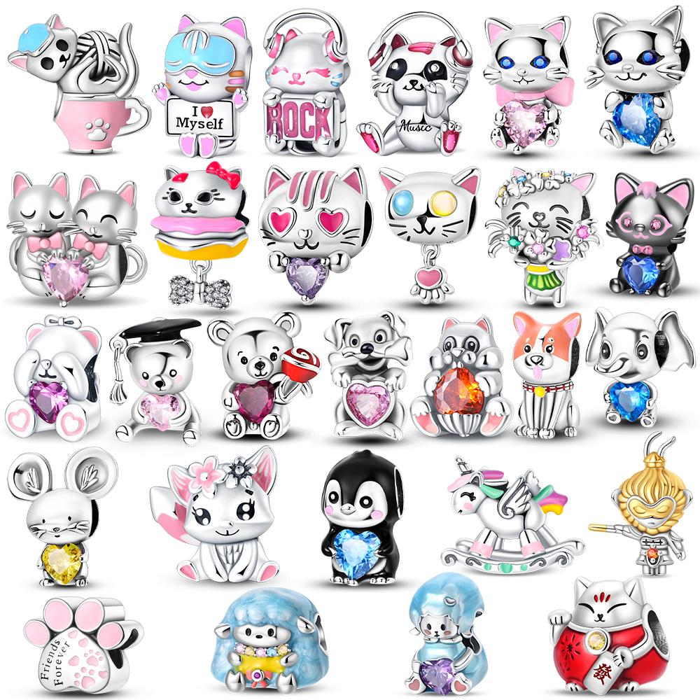 Copper Charms Animal Color Pink Rabbit Sheep Cat Dog Beads Fit 3Mm Original Bracelets Fine Diy Birthday Jewelry Make