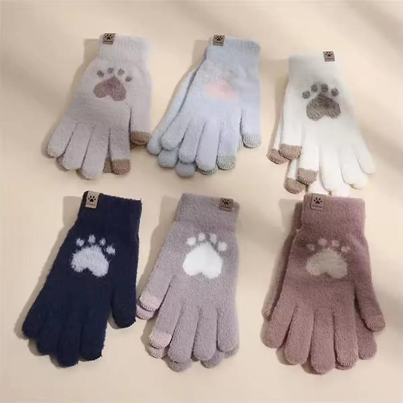 Winter Cat Scratch Love Gloves for Women Plush Touch Screen Knitted Thick Gloves Soft and Fluffy Korean Cute All Finger Gloves