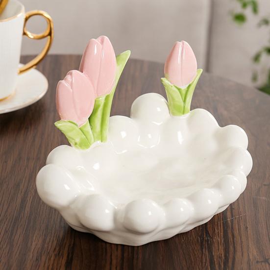 Keramická miska na klíče ve tvaru tulipánu Růžové květy Miska na šperky Dekorativní stolní organizér na šperky Hodinky Vstupní hala Ložnice Komoda