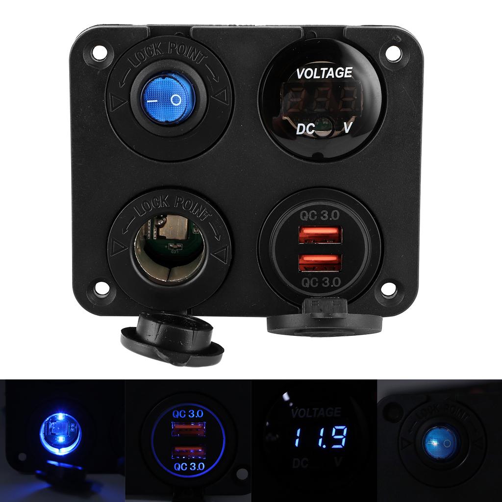 12V24V 4 Hole Switch Panel Waterproof QC3.0 Dual USB Socket Voltmeter Power Outlet for Boat Car RV