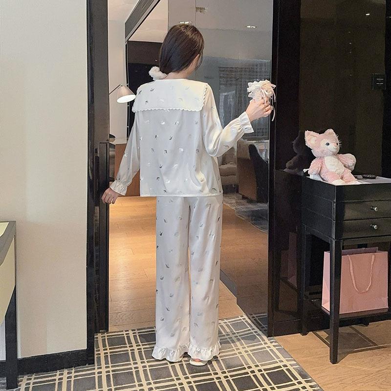 Pajamas women's light luxury ice silk spring and summer thin long-sleeved trousers cartoon suit Internet celebrity ice and snow silk loose loungewear