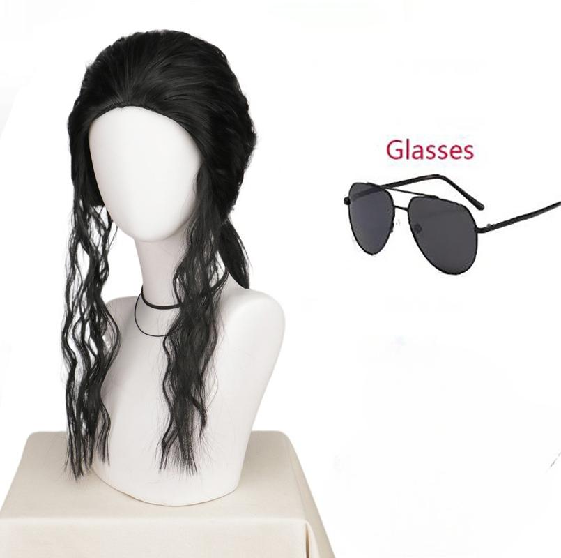 Michael Jackson Cosplay Pruik Of Bril MJ Lang Zwart Krullend Synthetisch Pruik Haar Hoofddeksel Halloween Cosplay Pruiken Accessoires Prop One Size gray