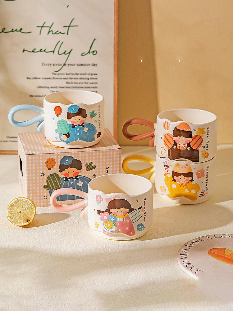 Comic Boys/Girls Ceramic Handle Water Cup Breakfast Cup Couple Coffee Mug Stackable Cup Colorful Paper Box Packaging