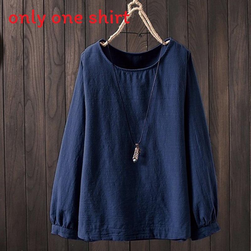 Cotton Linen Long Sleeve Shirt For Women With Round Neck And Relaxed Fit