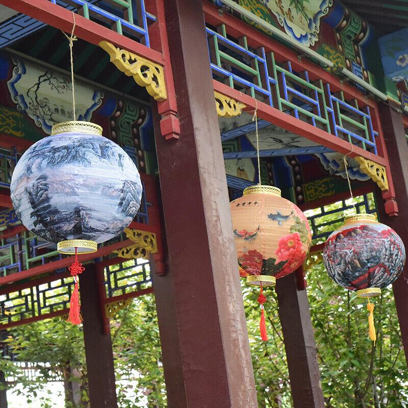 32x36cm Chinese Ancient Handheld Lantern Hanging Lamp Ink Garden Holiday Decor Printed Flower Round Chinese Lantern Party Decor