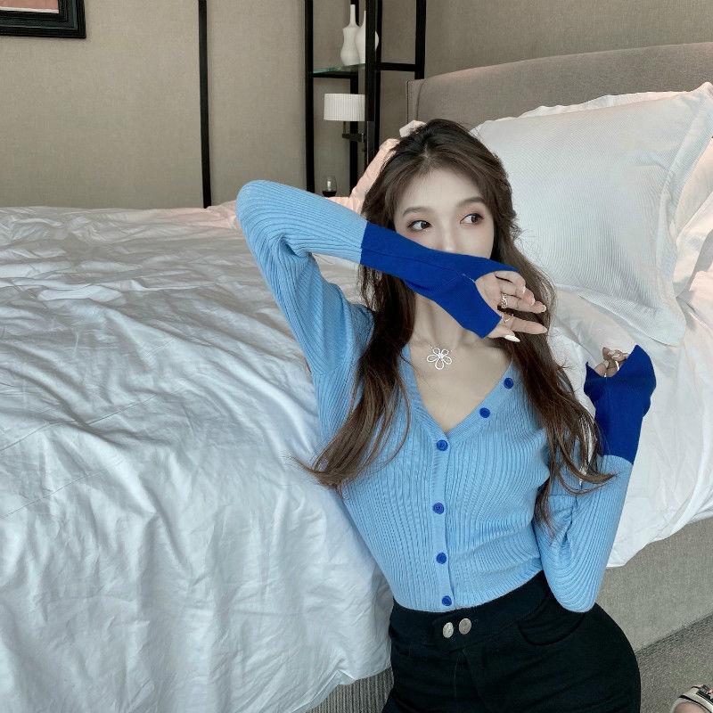 Spring Patchwork Design Knitted Cardigan for Women with Long Sleeves and Bottom Lining Short and Versatile Casual Top