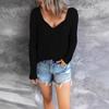 Women's Autumn and Winter Casual V-neck Drawstring Solid Colour Pullover Thin Long-sleeved Paragraph T-shirt Tops