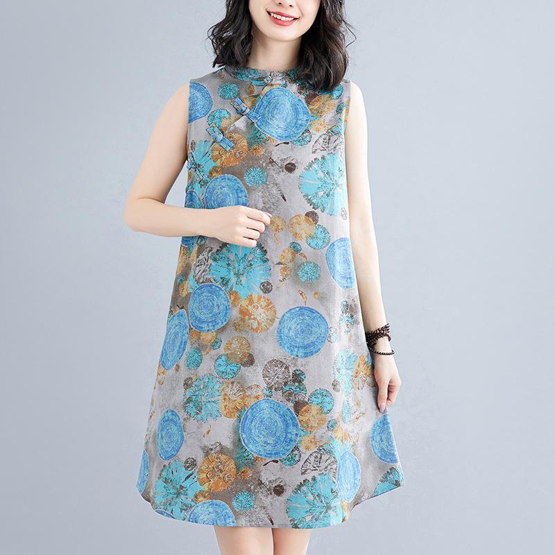 Retro Modified Disc Button Cheongsam Skirt Loose Slimming Sleeveless Printed Dress