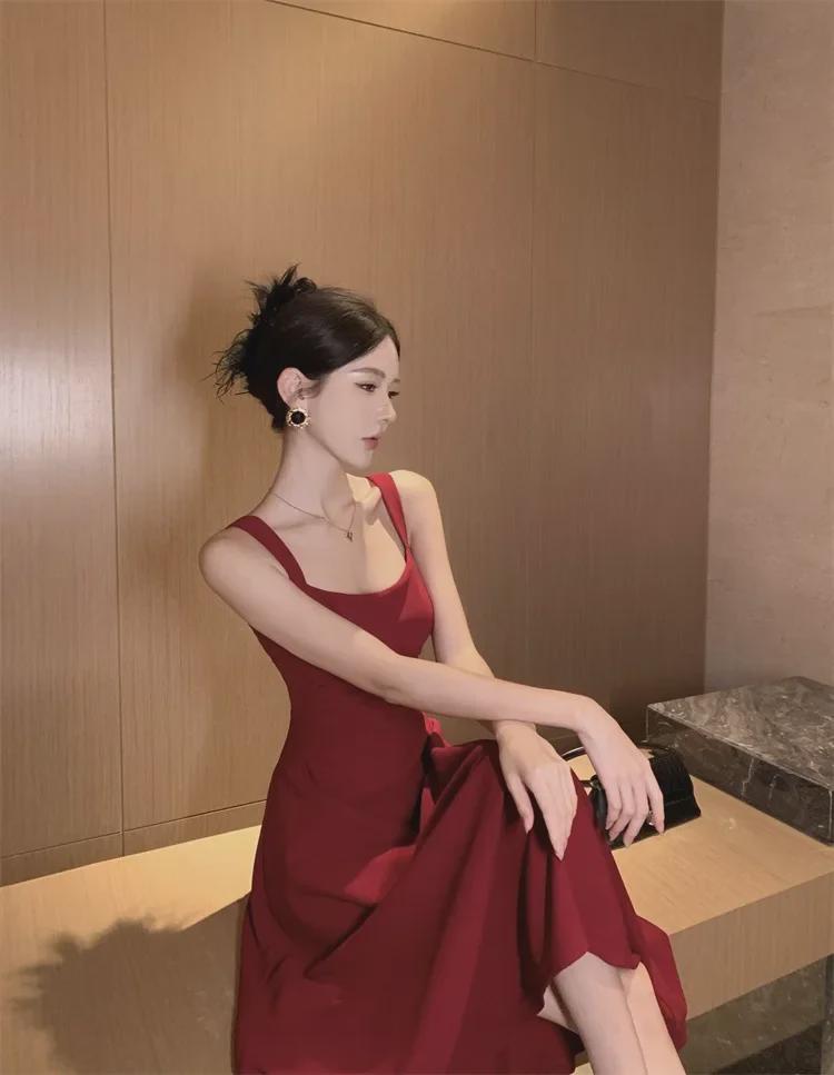 New Year's Red Slim Waist Suspender Dress for Women - Spring Daily Engagement Toast Dress