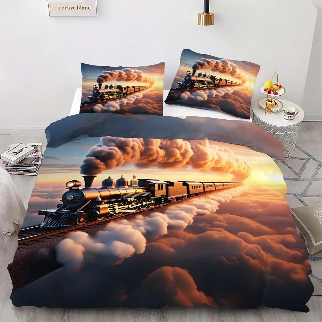 Tog Sengetøy Sett Kjøretøy Dynetrekk for Gutter Barn Tenåringer Soveromsdekor Trykt Dynetrekk Sett