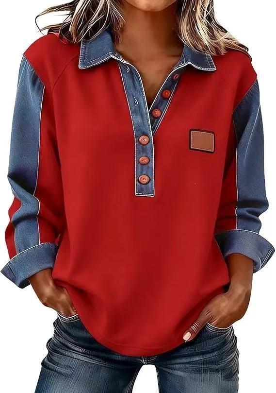 2026 new European and American style 3D printing color matching denim knitted sweater women's loose long-sleeved lapel pullover cross-border explosion