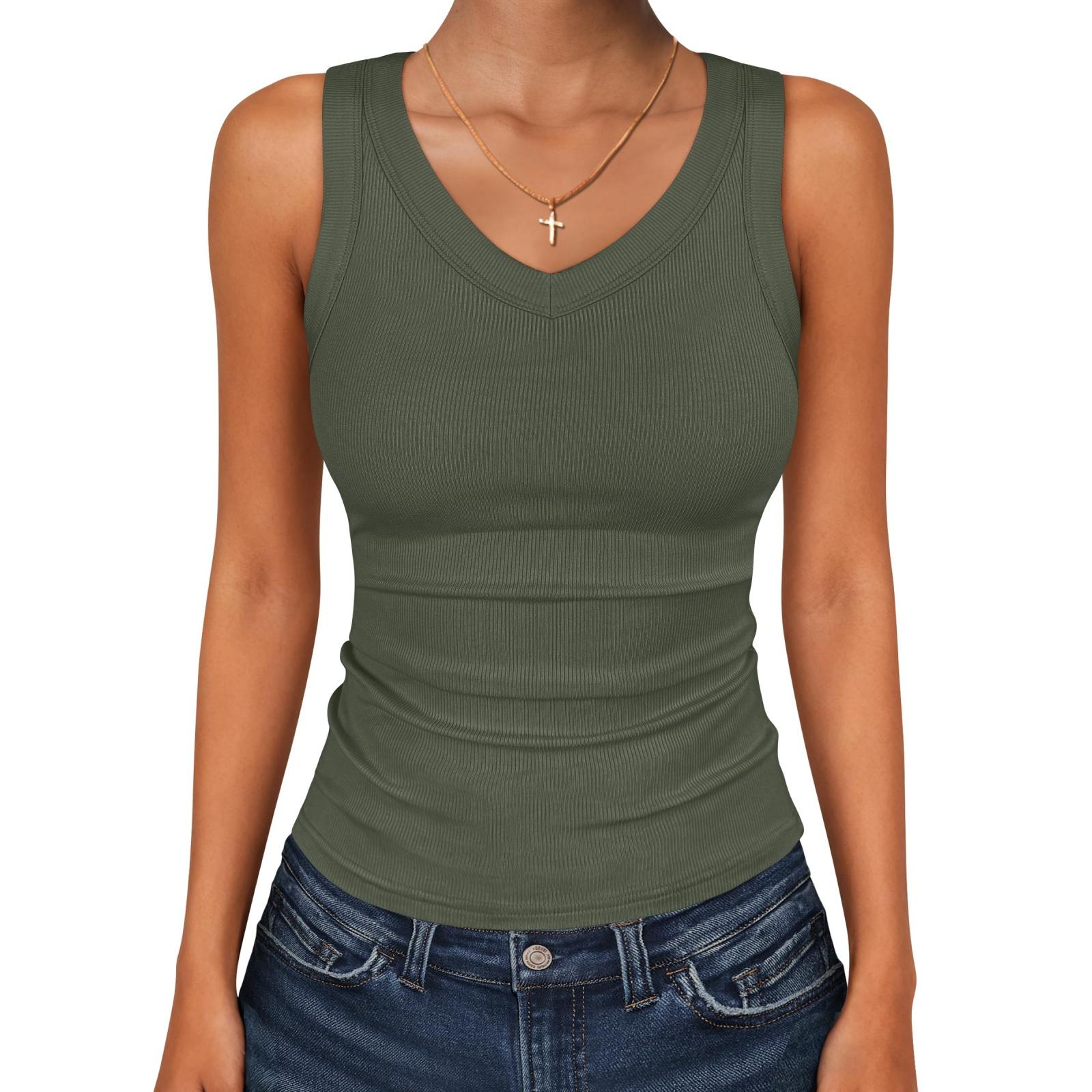 Women s V-neck Ribbed Knit Fitted Sleeveless T-Shirt L