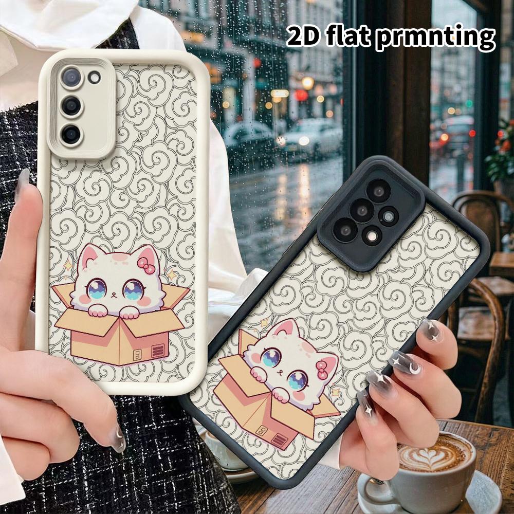 Phone Case: 2D Flat Samsung Galaxy A34 A35 M05 M06 S20 S22 S21 FE Plus 5G Protective Case, Cardboard Little White Cat, Christmas and Halloween Gifts