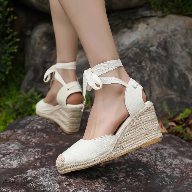 Beach straw wedges 2024 summer new French lace-up platform high heels plus size woven fisherman shoes sandals sandalen