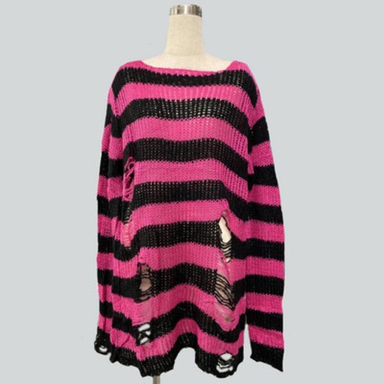 Unisex Women Cool Thin Loose Gothic Striped Long Jumper Dark Punk Streetwear Hollow Out Top Broken Hole