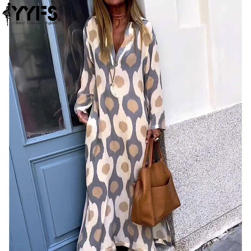 YYFS Women's Fashion Spring Autumn Colour Block Print Long Sleeve V-Neck Loose Waistline Casual Dresses