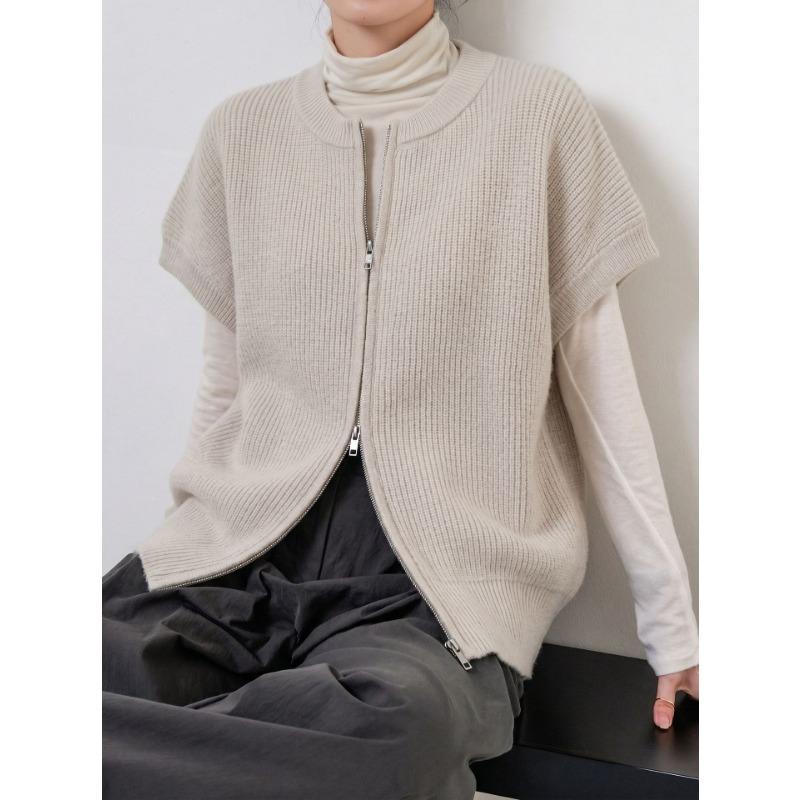 Women Double Zipper Knit Vest Loose Elegant Sweater Cardigan For Spring Autumn