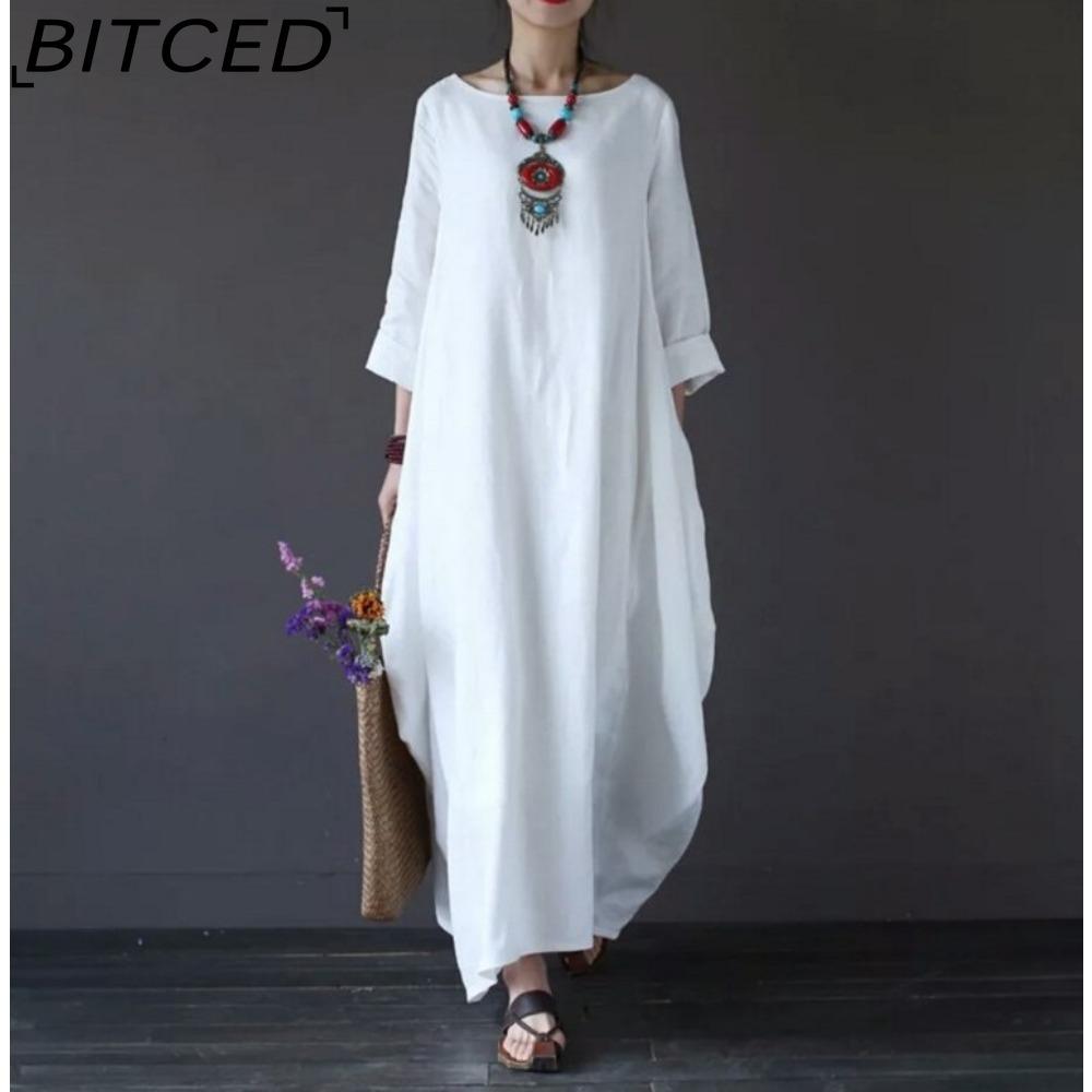 BITCED Women Long Loose Summer Casual Dress Linen Cotton Plus Size