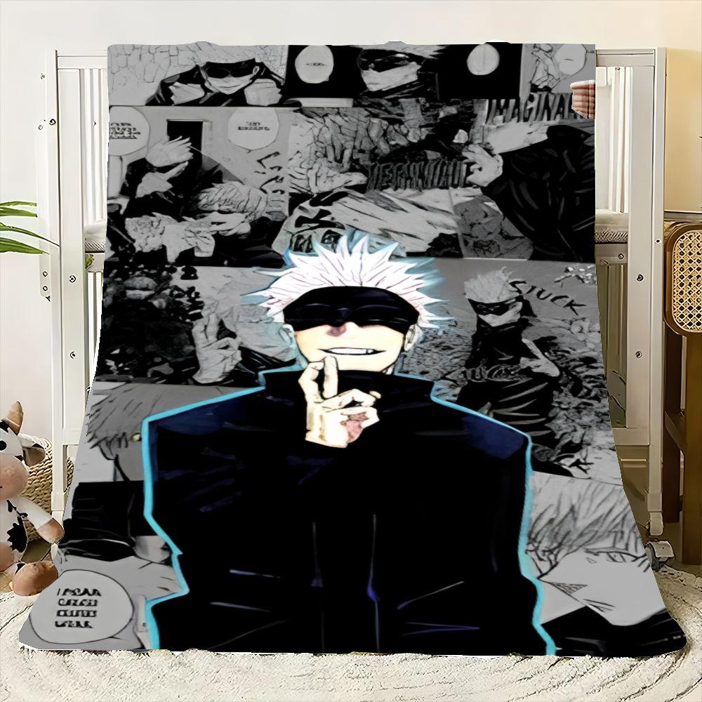 Unique Manga-Inspired Blanket Featuring a Confident Character with Spiky White Hair & Black Blindfold - Cozy & Stylish Shonen An
