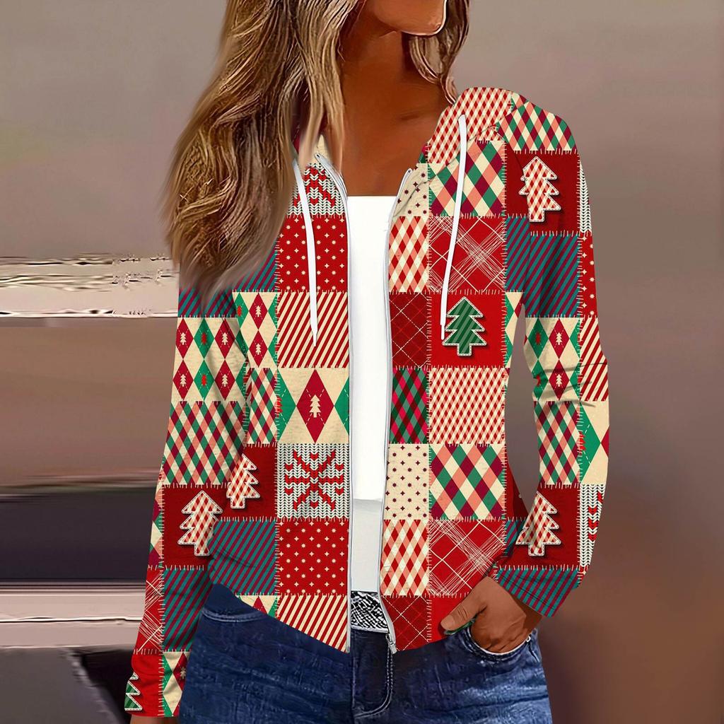 Women's Fashion Christmas Print Casual Zip-Up Long-Sleeved Hooded Jacket