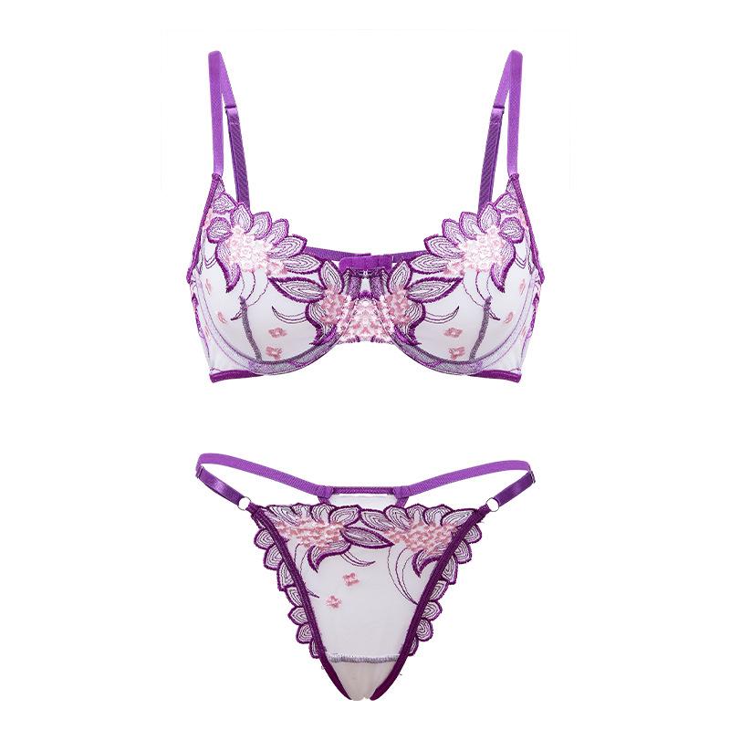 Slim embroidered lace pattern sexy women s underwear sexy three-point bra anti-sagging women s factory bra S фиолетовый