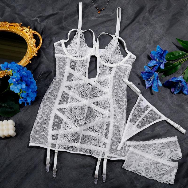 Sexy Lingerie Sets Erotic Costumes Lace See-Through Suspender Skirt Cross Backless 3Pcs Set Delicate Seductive Hollow Intimates