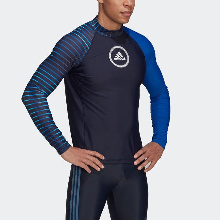 Adidas Color Block Stripe Logo Print Crew Neck Long Sleeve Swim Pants Men Swimwear Legendary-Ink-Blue HG4815