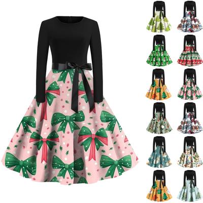 Women's Fashion Round Neck Casual Slim Christmas Printed Long Sleeve Dresses