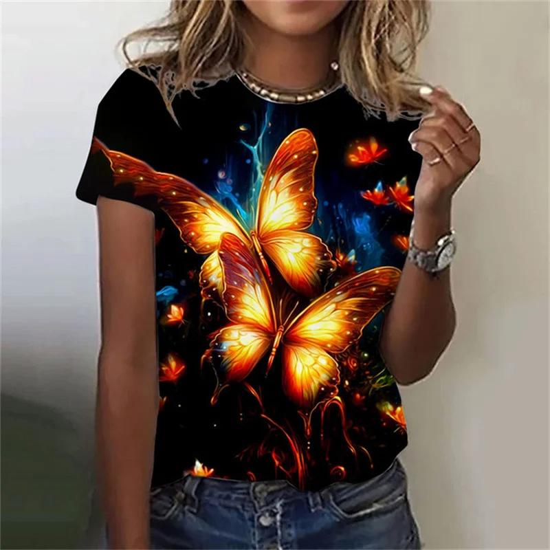 Summer Round Neck Butterfly Pattern 3D Print Top Fashionable Casual Short Sleeved Women's T-shirts
