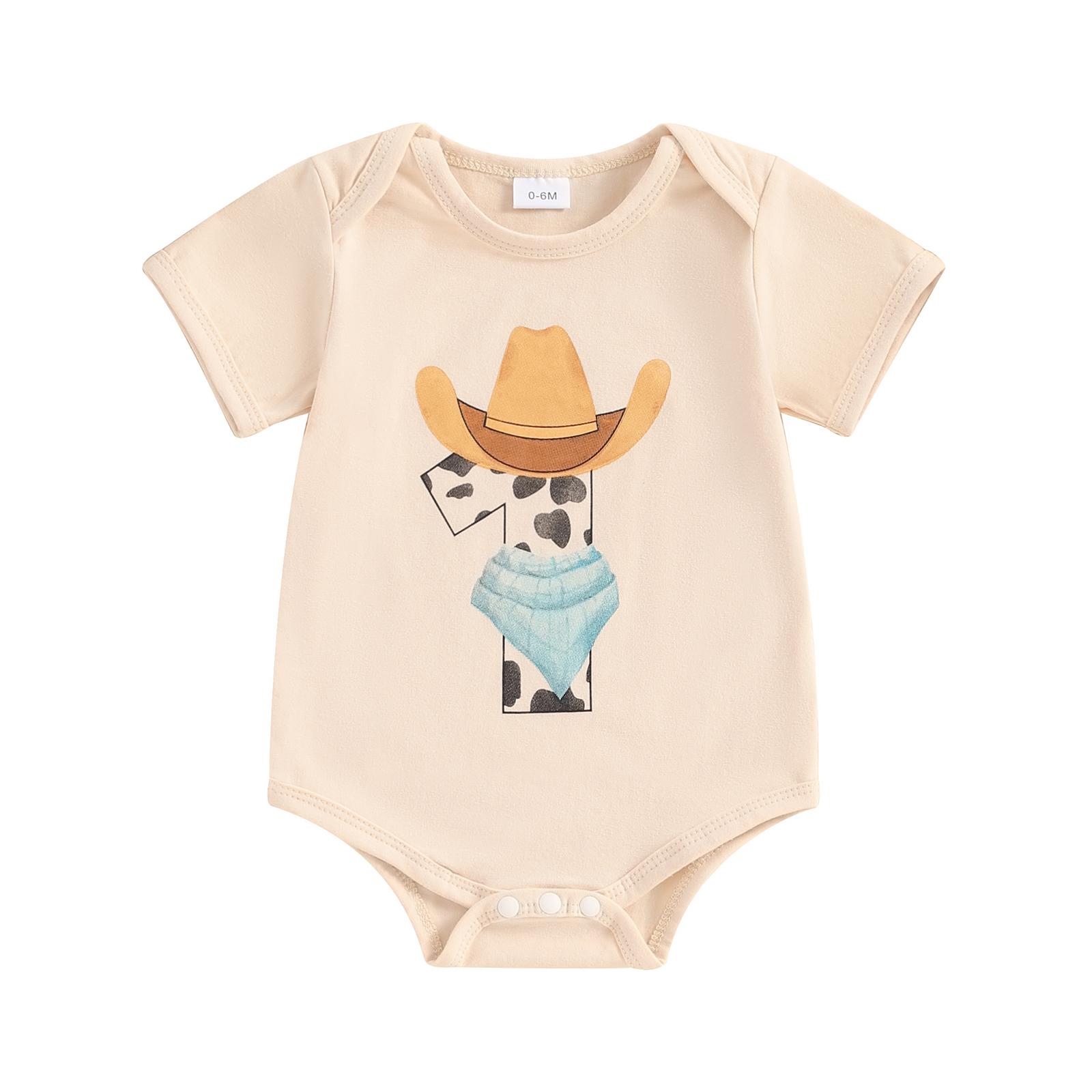 

Детский комбинезон в стиле вестерн, повседневный, с коротким рукавом, круглым вырезом, с принтом в виде шапки, комбинезон для новорожденных 6-12 Months слоновая кость