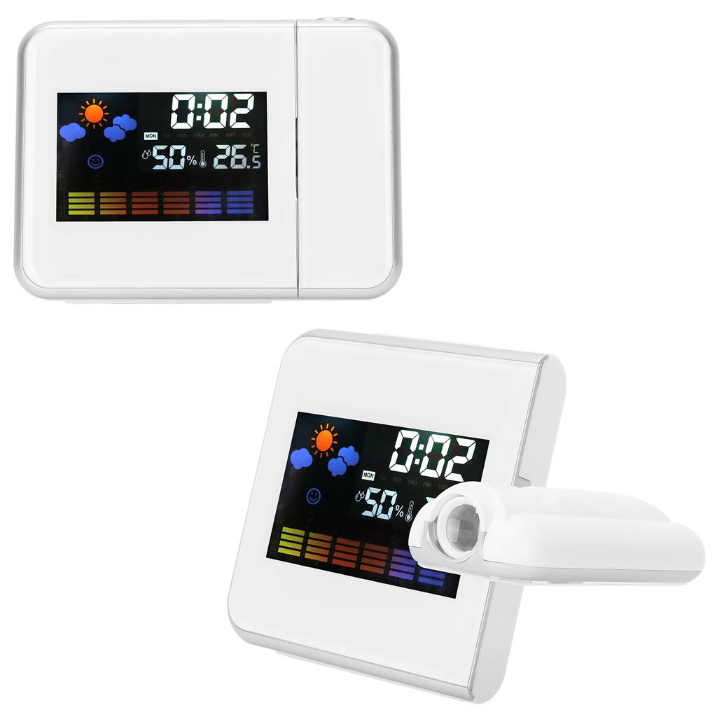Innenprojektion LED Uhr Thermometer Hygrometer Wettervorhersage Schlummerfunktion Ewiger KalenderWeiß