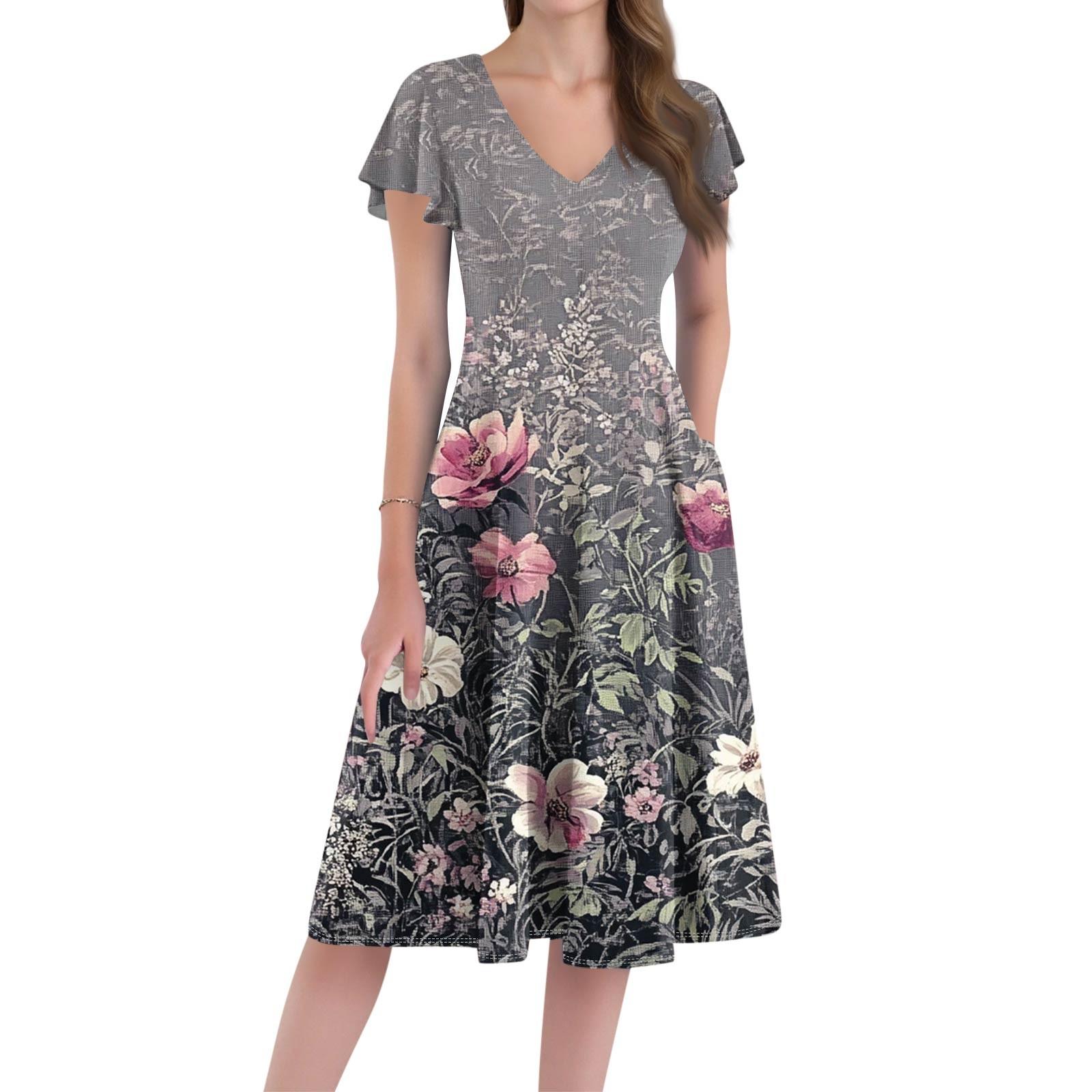 Women s Floral Print Summer Dress, V-Neck Short Sleeve A-Line Casual Midi Dress with Pockets, Elegant and Comfortable L