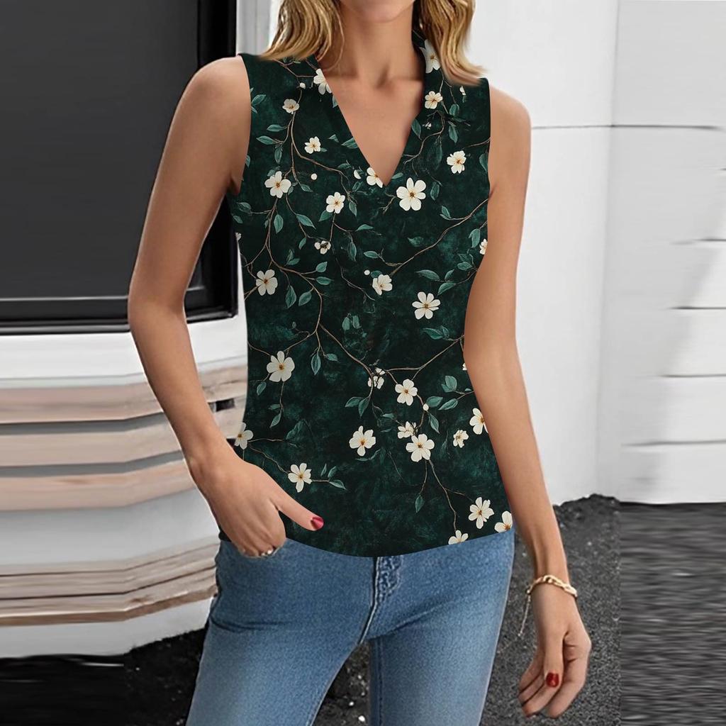Damen Sommer Mode Lässig Retro Print V-Ausschnitt Ärmelloses Top Skinny Tanktop