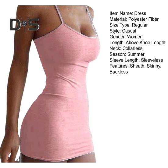 Women Slip Dress for Club Party Beach Spaghetti Strap Sheath Slim Fit Dress Sleeveless Backless Strappy Dress Solid Color Summer Mini Dress