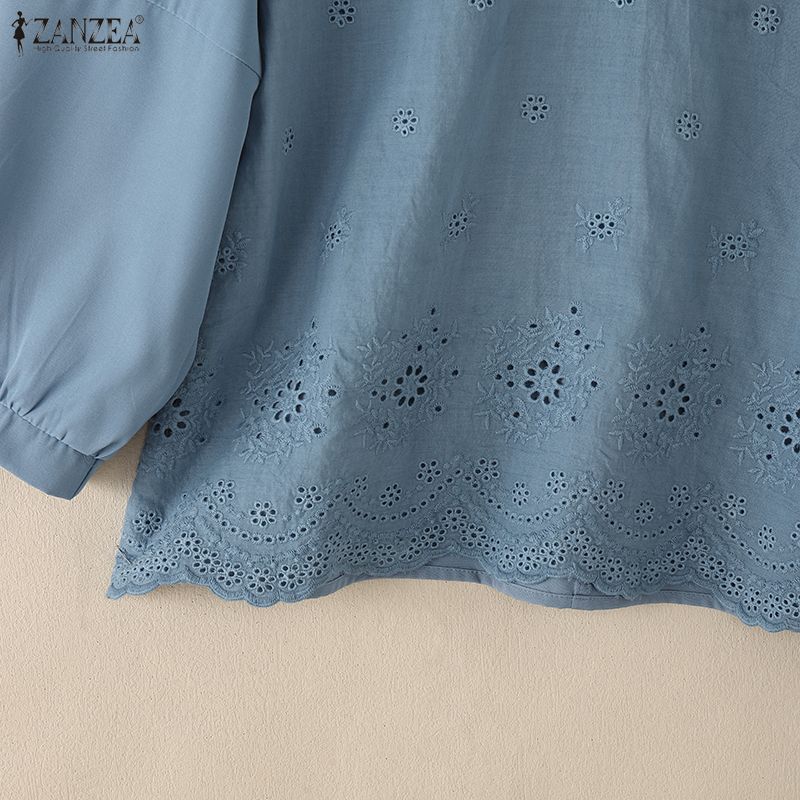 ZANZEA Blusa da donna casual con scollo rotondo, manica a 3/4, patchwork all'uncinetto