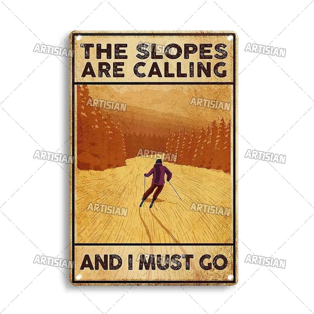 Artisian Skiing Metal Poster Snowboarding Tin Sign Sledding Sport Decorative Plaque Wall Decor Garage Bar Pub Club Hotel Cafe