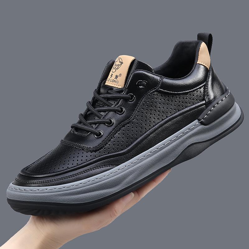 Men's Genuine Leather Crooked Head White Sneakers - Spring, Versatile, Thick Sole, Breathable, Hollow Casual Board Shoes