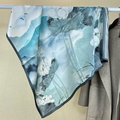 Lotus Chinese Style 100% Mulberry Silk Silk Scarf 90 Square Scarf Women'S Silk Scarf Scarf Shawl