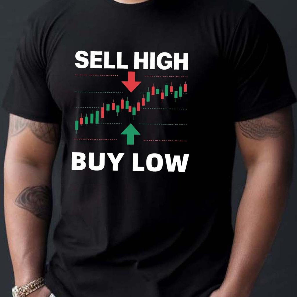 Mens Cotton TShirt with Sell High Buy Low Print Casual Crew Neck Short Sleeve Tee Breathable Knit Fabric