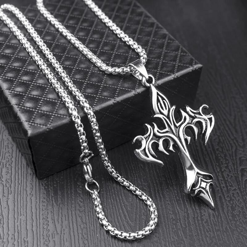 Fashion Vintage Flame Cross Pendant Necklace For Women Men Long Chain Punk Goth Trendy Accessories Choker Gothic Jewelry