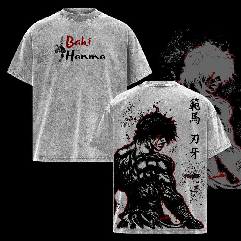 Anime BAKI Hanma Baki Printed Tee Men Women Short Sleeve Cotton Tshirts Vintage Washed T-shirt Harajuku Male Oversized T Shirt