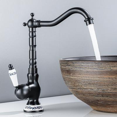 Schwarzer Messing 360° drehbarer Keramikhebel Waschtischarmatur für Badezimmer Küche Warm Kalt Wasser Retro Einloch Armatur