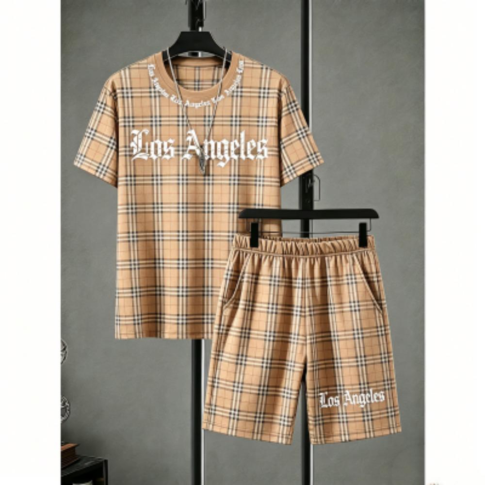 Fashion Men's Set Striped Grid Printed Men's T-shirt and Shorts 2 Piece Set Summer Casual Outdoor Men's and Women's T-shirt Sets