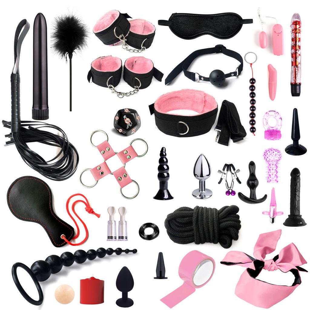 SM Fetish Bondage Erotic Toy Restraint Set Sex Toys For Women Handcuffs Whip Binding Anal Plug Vibrator Couple Sexy Tool