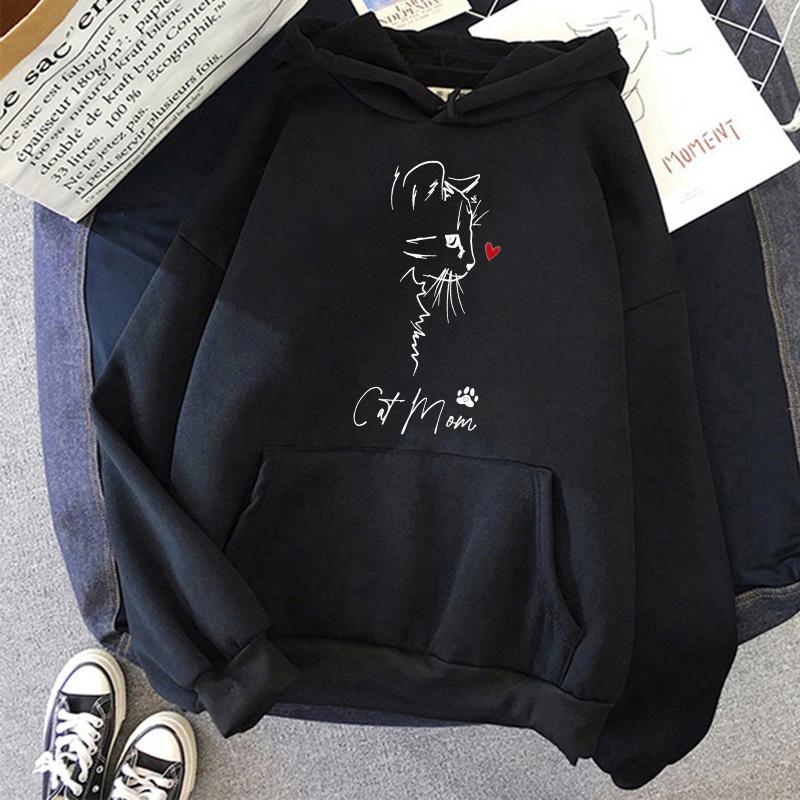 Women Cute Cat Mom Print Fashion Kangaroo Pocket Hoodies Women s Winter Y2k Sweatshirts 90s Graphic Vintage Hooded Clothes 3XL