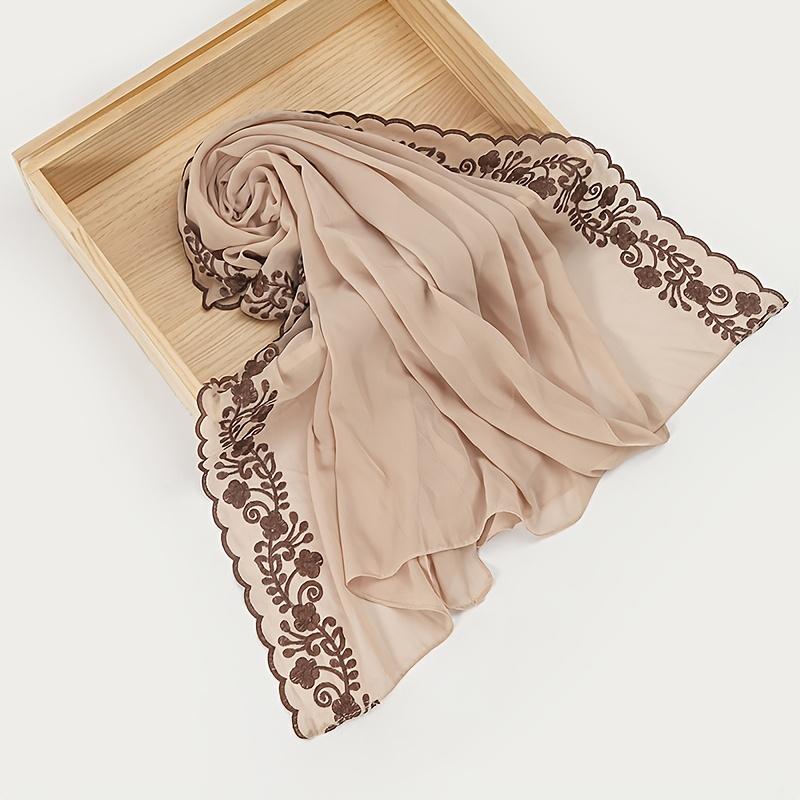 1pc Women'S Solid Color Pearl Chiffon Scarf With Clover Embroidery And Lace Trim, Fashionable And Elegant Headscarf For Malaysia And Indonesia