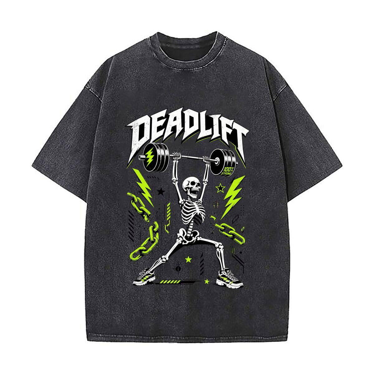 Y2K Deadlift Skeleton Gym Graphic Washed Faded Vintage Short Sleeve Fashion Versatile Daily Tee M