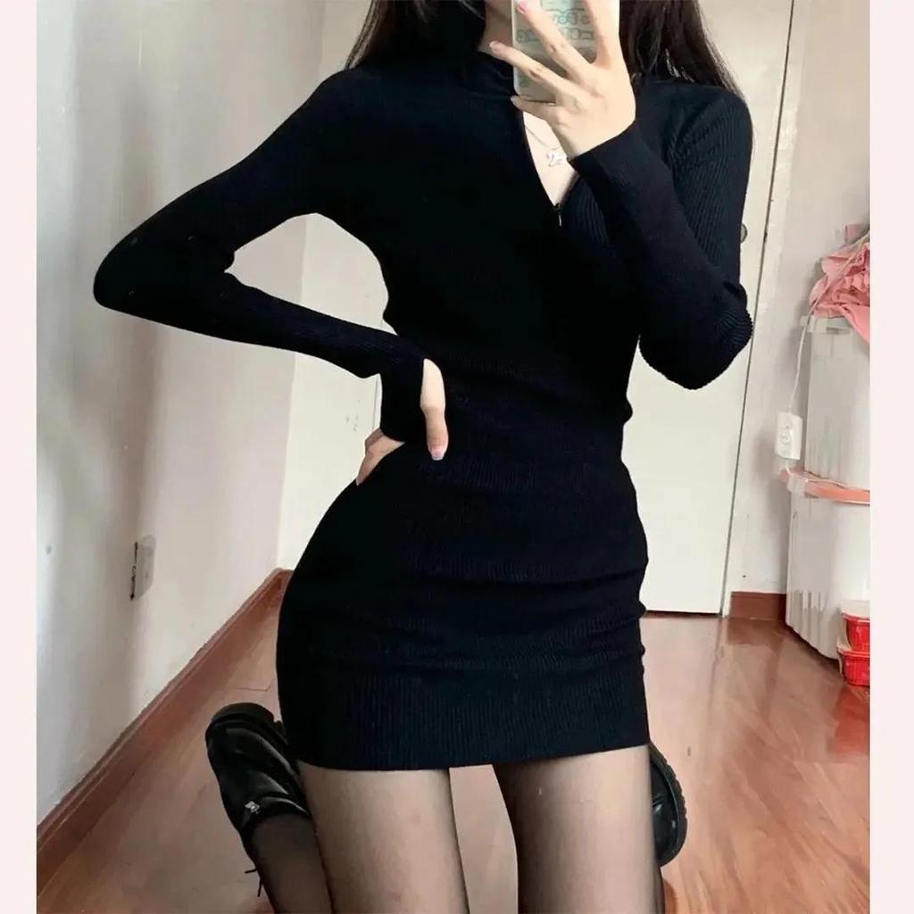 Black Tight Long Sleeve Zipper Dress - Sexy Slim Fit for Autumn and Winter